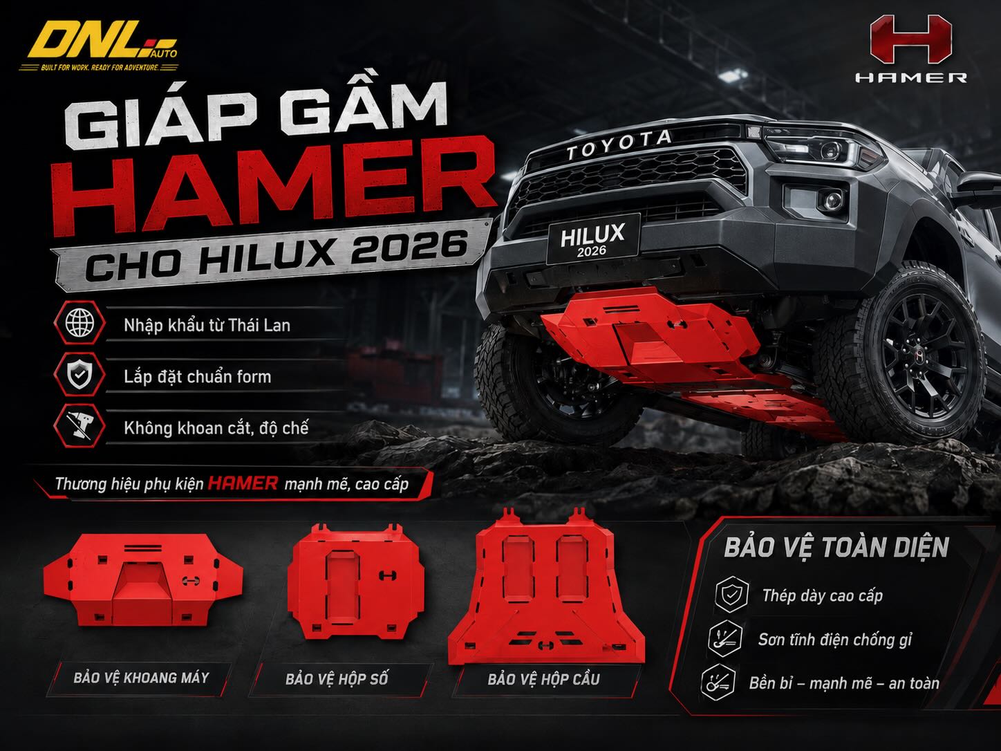 chi tiết từng tấm giáp gầm, vị trí bắt pát và bề mặt hoàn thiện của giáp gầm HAMER cho HILUX 2026