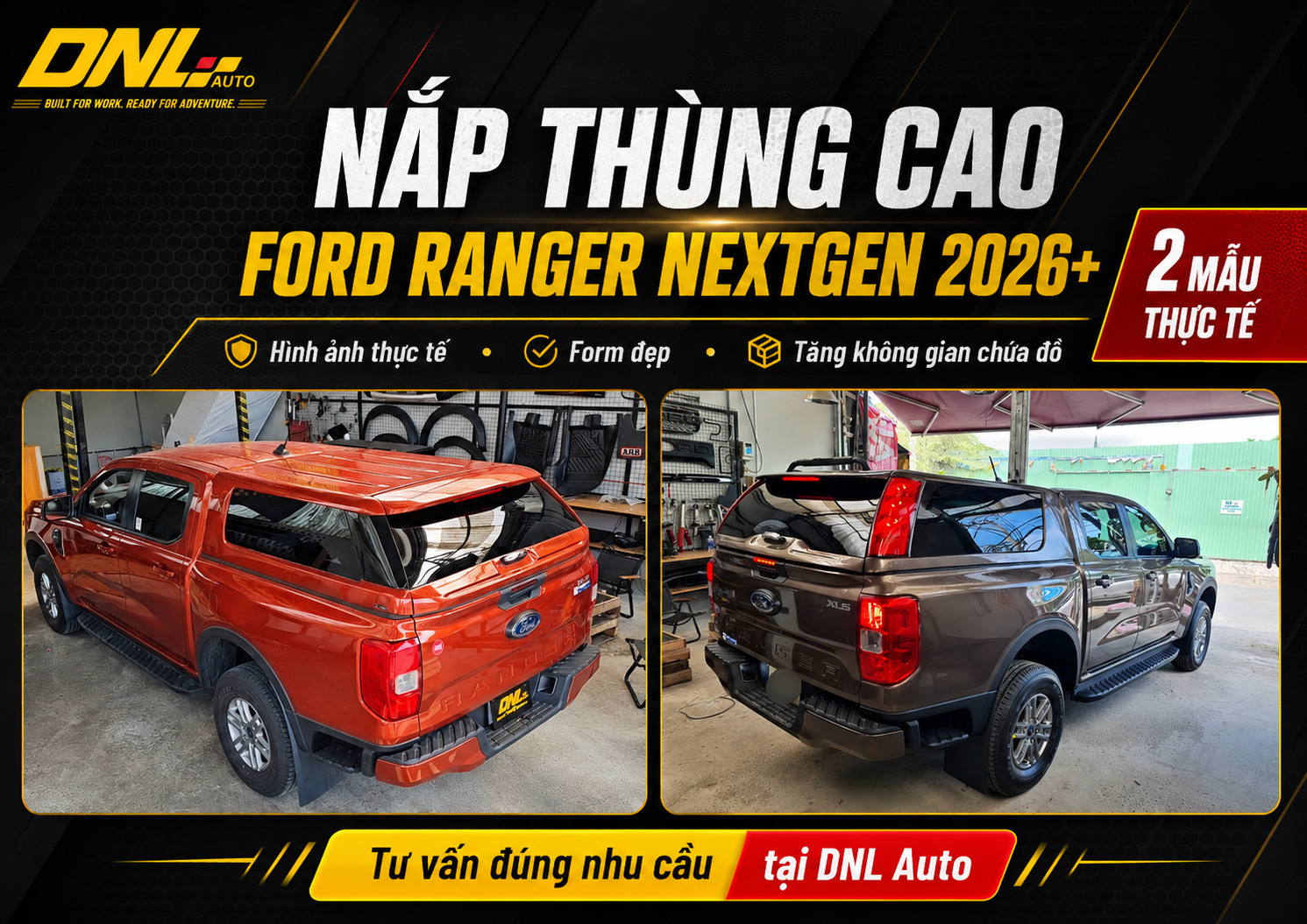Nắp thùng cao có đèn Ford Ranger Nextgen lắp thực tế tại DNL Auto